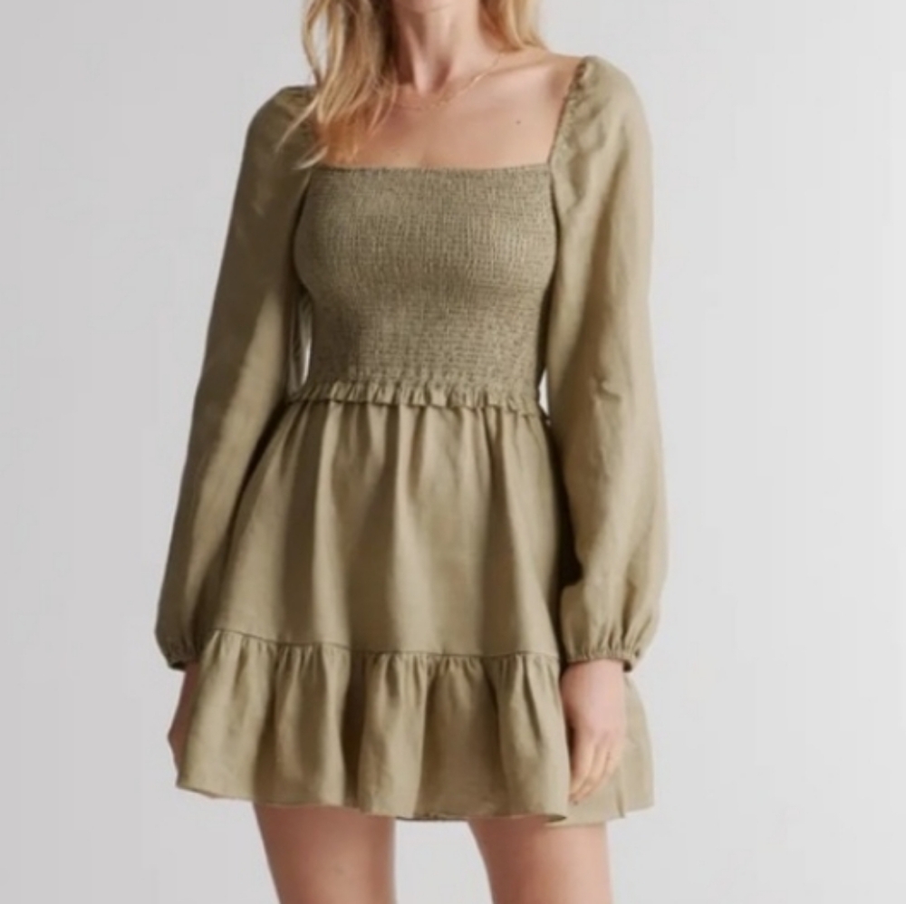 Quince European Smocked 100% Linen Mini Tan Color Dress Size XL